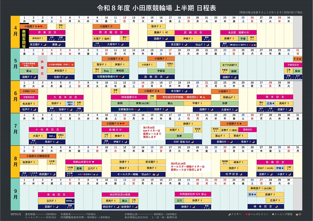 令和8年度小田原競輪場上半期カレンダー
